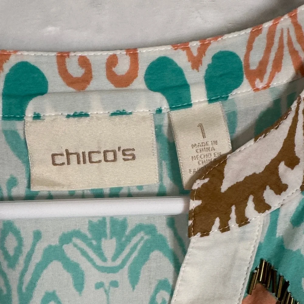 Chico's Embordered Beaded Cotton Pull Over Blouse Medium